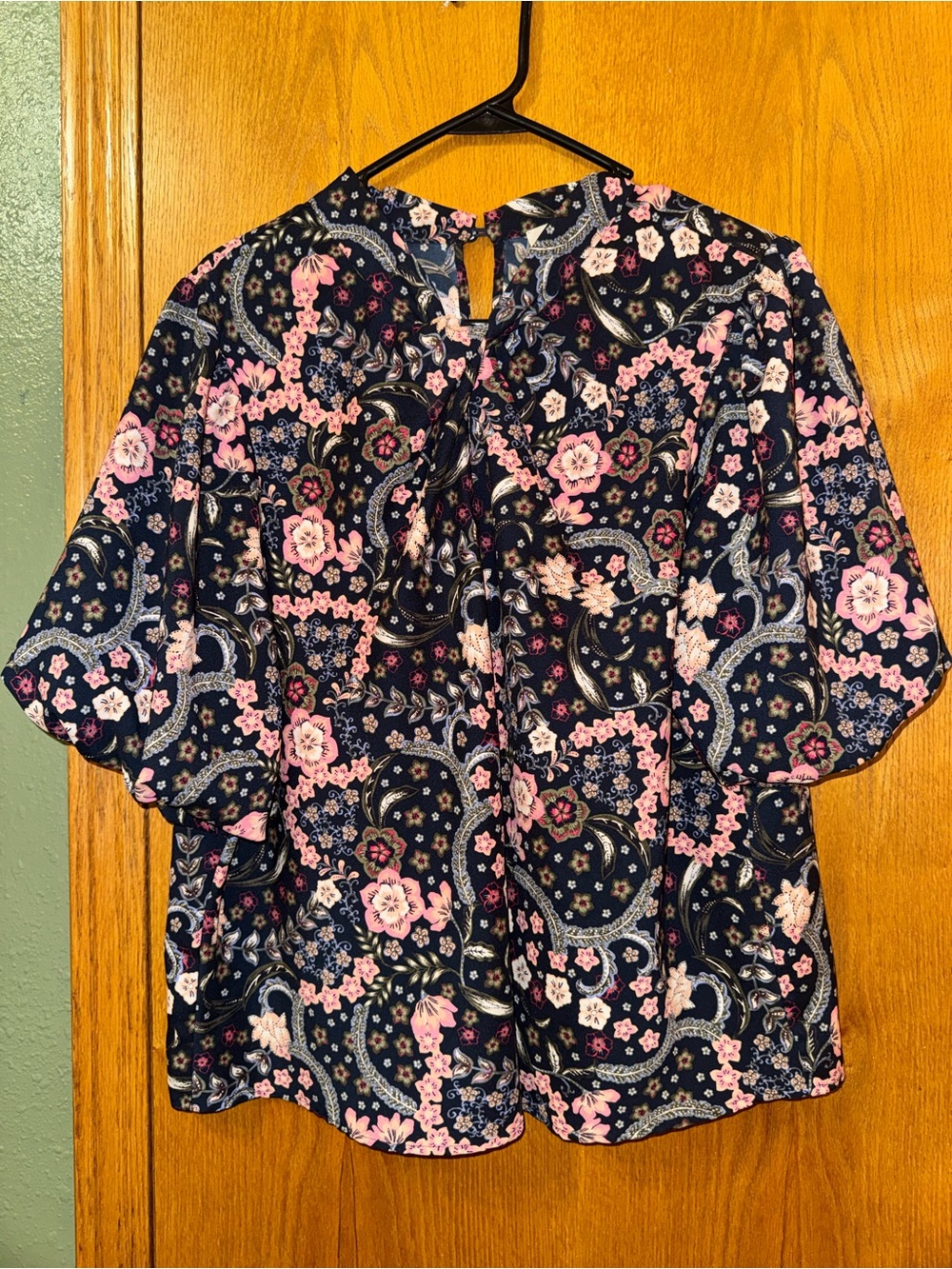 LOFT Navy Floral Paisley Short-Sleeve Blouse with Pink Accents